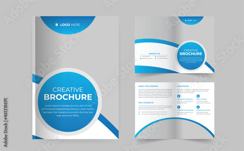 Corporate business Bifold brochure design. Blue template for bi-fold flyer. Layout with modern triangle photo and abstract background. Creative concept folded flyer or brochure.