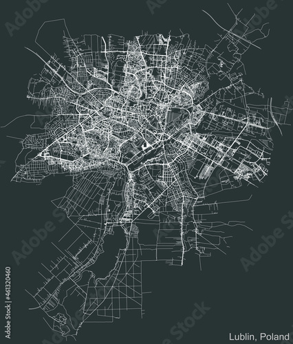 Detailed negative navigation urban street roads map on dark gray background of the Polish regional capital city of Lublin, Poland