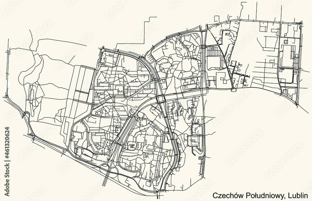 Obraz premium Detailed navigation urban street roads map on vintage beige background of the quarter Czechów Południowy district of the Polish regional capital city of Lublin, Poland