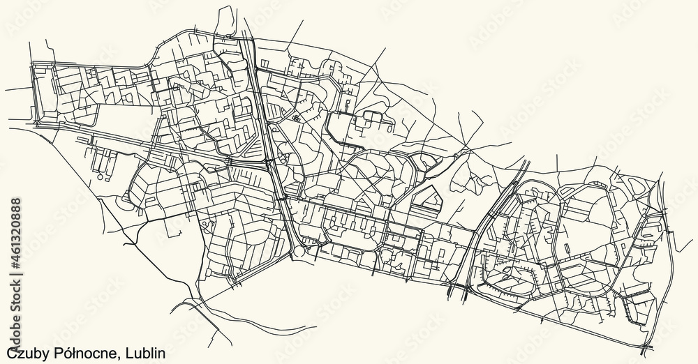Detailed navigation urban street roads map on vintage beige background of the quarter Czuby Północne district of the Polish regional capital city of Lublin, Poland