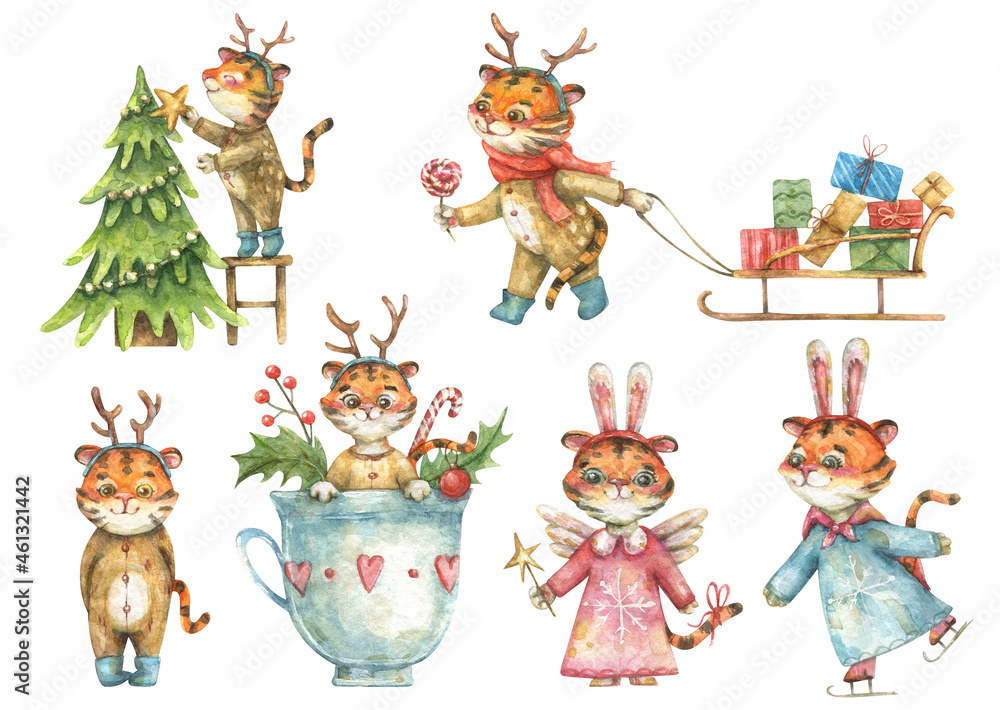 Obraz premium Christmas set of cute hand-drawn tiger cubs dressed as a deer and a cute bunny. The animals are getting ready for the holiday.