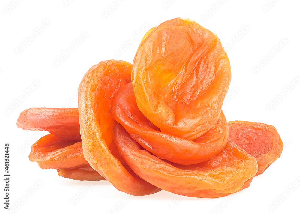 Pile of ripe dried apricots isolated on a white background. Tasty dried apricots. Pile of ripe dried apricots isolated on a white background. Tasty dried apricots.