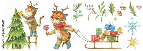 Fototapeta Naklejka Na Ścianę i Meble -  Christmas watercolor illustration of a cute tiger cub dressed in a deer costume getting ready for the holiday.