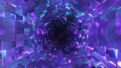 Flying inside a neon hexagonal tunnel vr animation. Background futuristic animation. Chaotic distribution of polygons. Seamless loop animation.