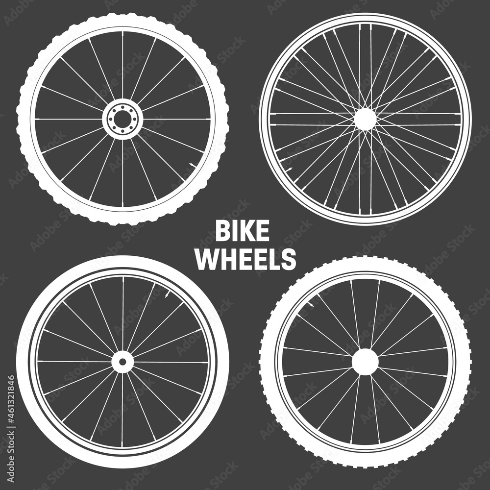 Bicycle wheel symbols collection. Bike rubber tyre silhouettes. Fitness cycle, road and mountain bike. Vector illustration.