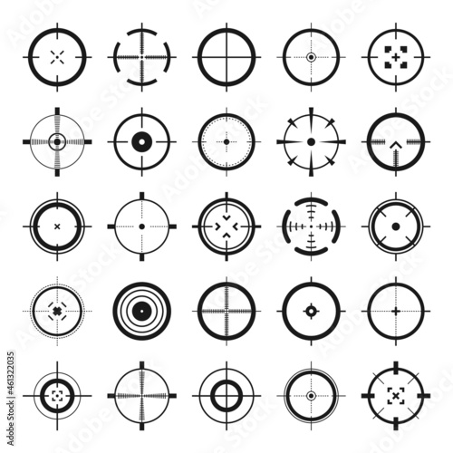 Crosshair, gun sight vector icons. Bullseye, black target or aim symbol. Military rifle scope, shooting mark sign. Targeting, aiming for a shot. Archery, hunting and sports shooting. Game UI element.