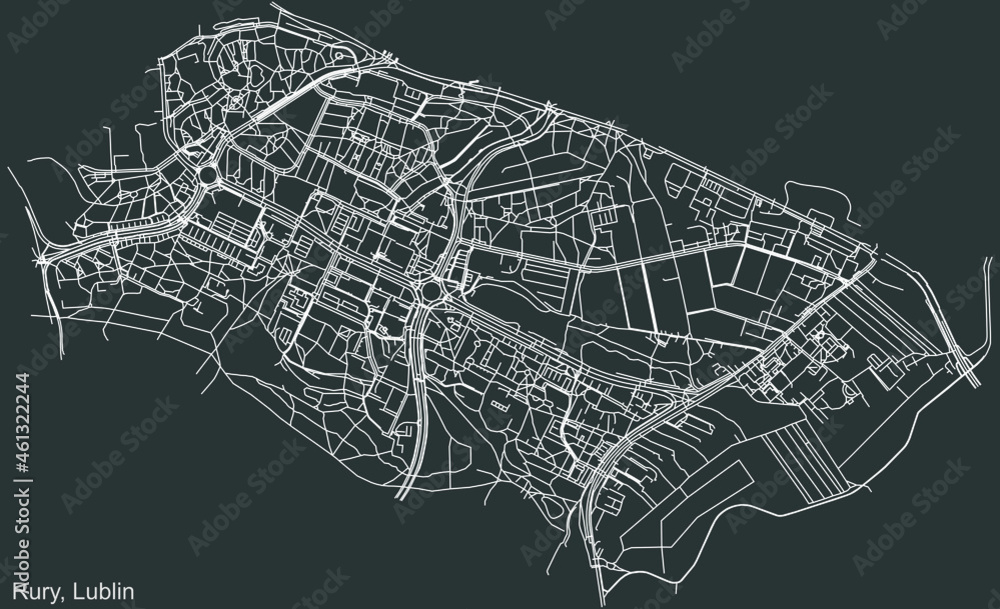 Detailed negative navigation urban street roads map on dark gray background of the quarter Rury district of the Polish regional capital city of Lublin, Poland