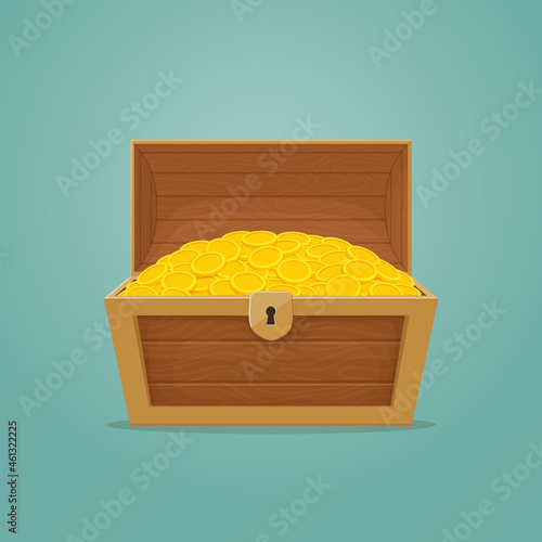 Old wooden chest with open lid full of gold coins. Pirate treasure, reward, cash, money icon. Cartoon style illustration. Vector.