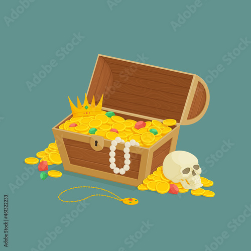 Old wooden chest with open lid full of gold with piles of coins, gemstones, pearl necklace, golden crown and skull. Pirate treasure, reward, danger, exploration,. Cartoon style illustration. Vector.