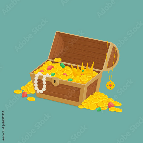 Old wooden chest with open lid full of gold with piles of coins, gemstones, pearl necklace and a golden crown. Pirate treasure, reward. Cartoon style illustration. Vector.