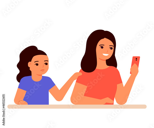 Interested mother using in smartphone and ignore child girl. Sad daughter asks for attention to herself. Vector illustration