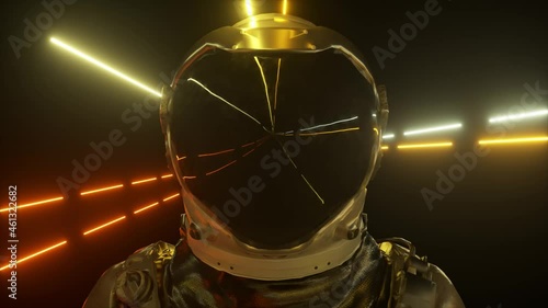 Astronaut in neon space close-up. Bright rays of neon fly by. 3d animation of a seamless loop.