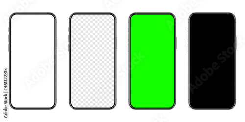Realistic smartphone with blank touch screen and green chroma key background. Frameless mobile phone in front view. High quality detailed device mockup. Screen backdrop template. Vector illustration.