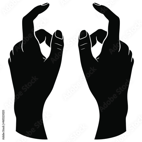 Two beautiful raised up female hands in elegant gesture with bent index finger.  Top view. Black and white negative silhouette. 