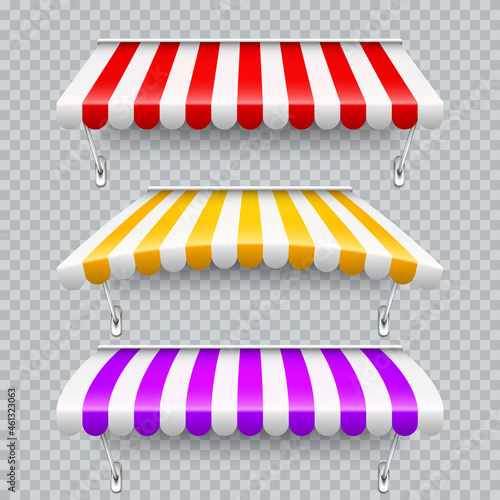 Colorful shop sunshade with metal mount. Realistic striped cafe awning. Outdoor market tent. Roof canopy. Summer street store. Vector illustration.
