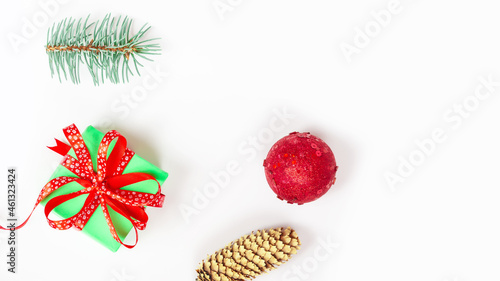 Christmas white background with ornaments, gifts and decor. Top view. New Year concept. space for text