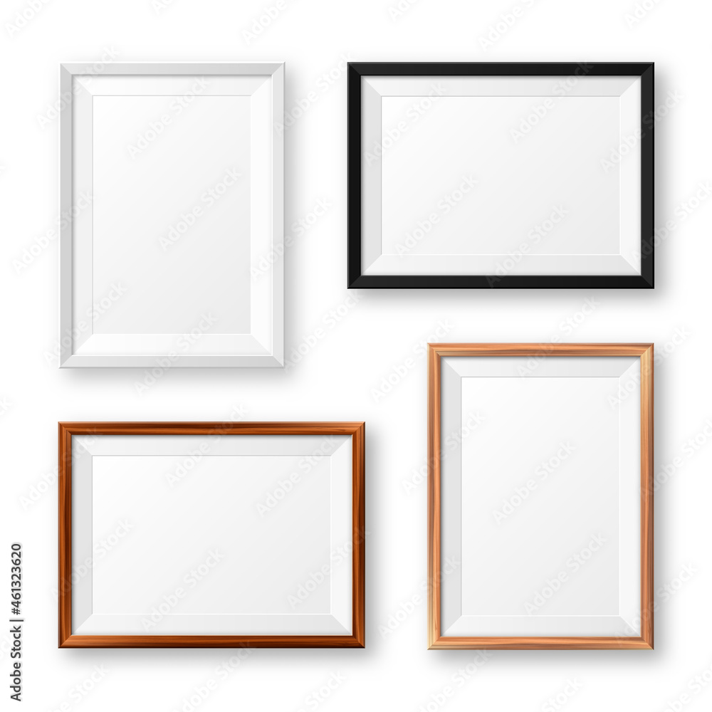 Realistic isolated black, white and wooden picture frames with shadow. Blank poster mockup. Empty photo frame. Vector illustration. Realistic isolated black, white and wooden picture frames with shadow. Blank poster mockup. Empty photo frame. Vector illustration.
