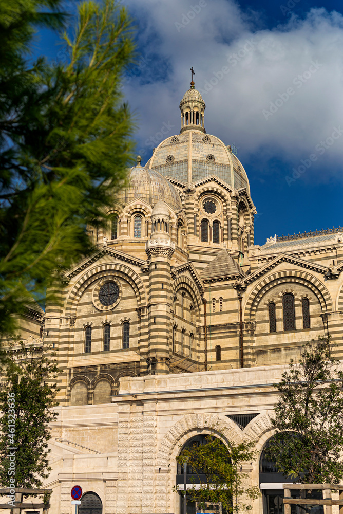 Obraz premium Lateral view of Marseilles' Cathedral in the afternoon with some clouds in the blue sky and a tree in the foreground. Cathedrale La Major