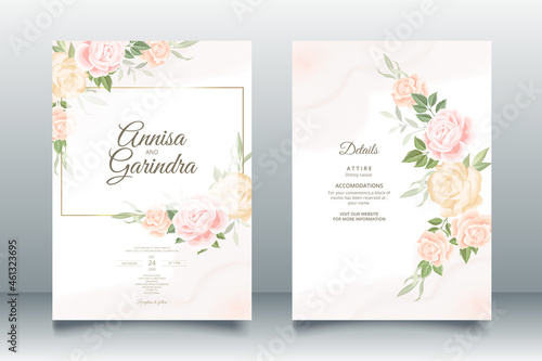  Wedding invitation card template set with beautiful  floral leaves Premium Vector © MARIANURINCE