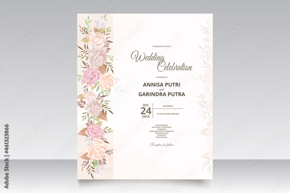  Wedding invitation card template set with beautiful  floral leaves Premium Vector