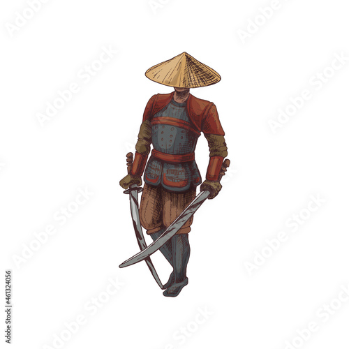 Japanese samurai with two crossed sword. Vintage vector hatching illustration.