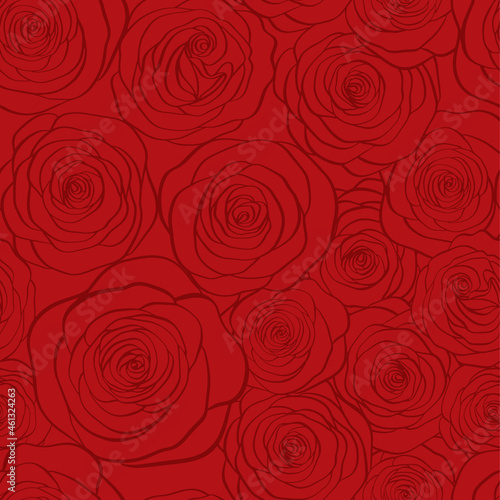 Vector seamless pattern with roses contours on red backround.