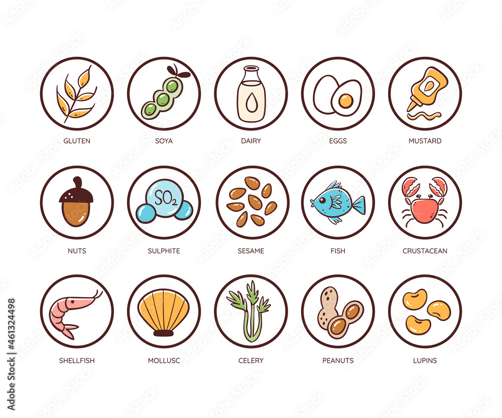 Food allergen icon set. Icons of the main ingredients that must be declared as allergens. Very useful for restaurant menus and meals. Colorful vector icons.