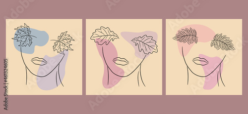 Abstract set with Woman faces and autumn leaves in line art style. Vector cards in minimalistic style. Modern Design concept.