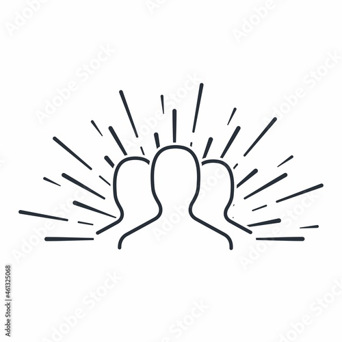 A group of people in the rays. Vector linear icon isolated on white background.