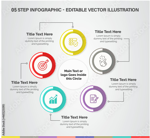 5 Steps Infographics Design Template - Graph, Pie chart, banner, timeline, workflow layout, squire diagram, brochure, report, presentation, web design. Editable Vector illustration