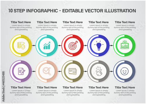 10 Steps Infographics Design Template - Graph, banner , Pie chart, workflow layout, circular diagram, brochure, report, presentation, web design. Editable Vector illustration