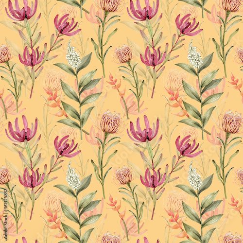 Wallpaper Mural seamless pattern with botanical plants and exotic flowers on yellow background, watercolor hand painted	
 Torontodigital.ca