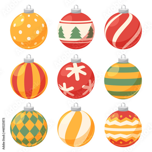 Set of nine different christmas decorations balls