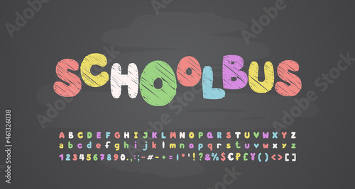 Multicolor school chalk bubble font, uppercase and lowercase letters, numbers, punctuation marks, math and currency symbols. Realistic chalkboard background