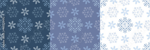 Christmas, New Year, holidays a set of seamless patterns with painted snowflakes in three colors. Winter texture for printing, paper, design, fabric, decor, gift, food packaging, backgrounds.