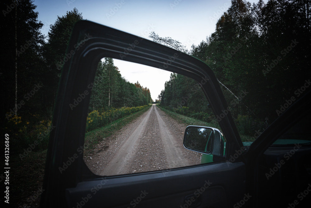 looking through window of opened car door, framing, endless straight forest road