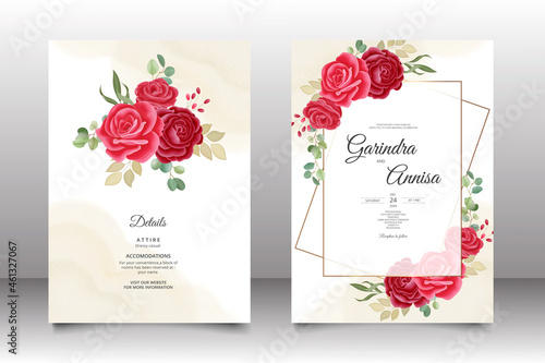  Elegant wedding invitation card with beautiful red floral and leaves template Premium Vector