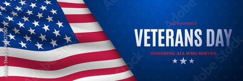 USA Veterans day banner. Vector banner with American flag and text. Design template for banner, greeting card, invitation, web, flyer, etc.