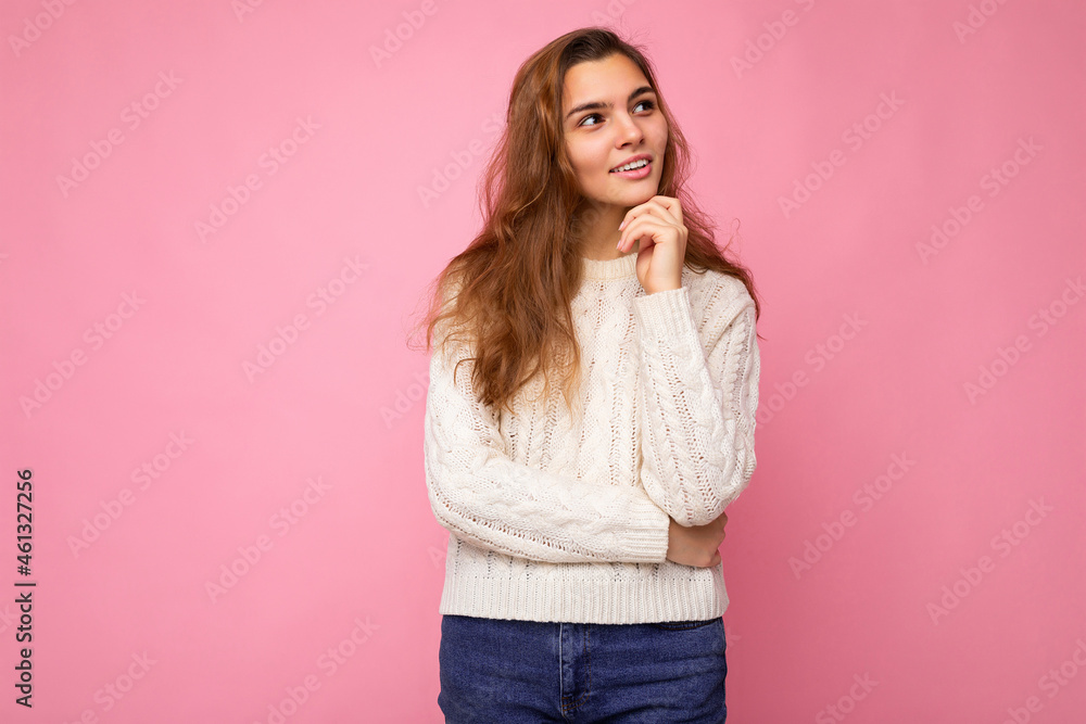 Shot of young attractive caucasian woman in trendy casual clothes. Sexy carefree female person posing isolated pink wall in studio. Positive thoughtful dreaming model with natural makeup. Empty space Shot of young attractive caucasian woman in trendy casual clothes. Sexy carefree female person posing isolated pink wall in studio. Positive thoughtful dreaming model with natural makeup. Empty space