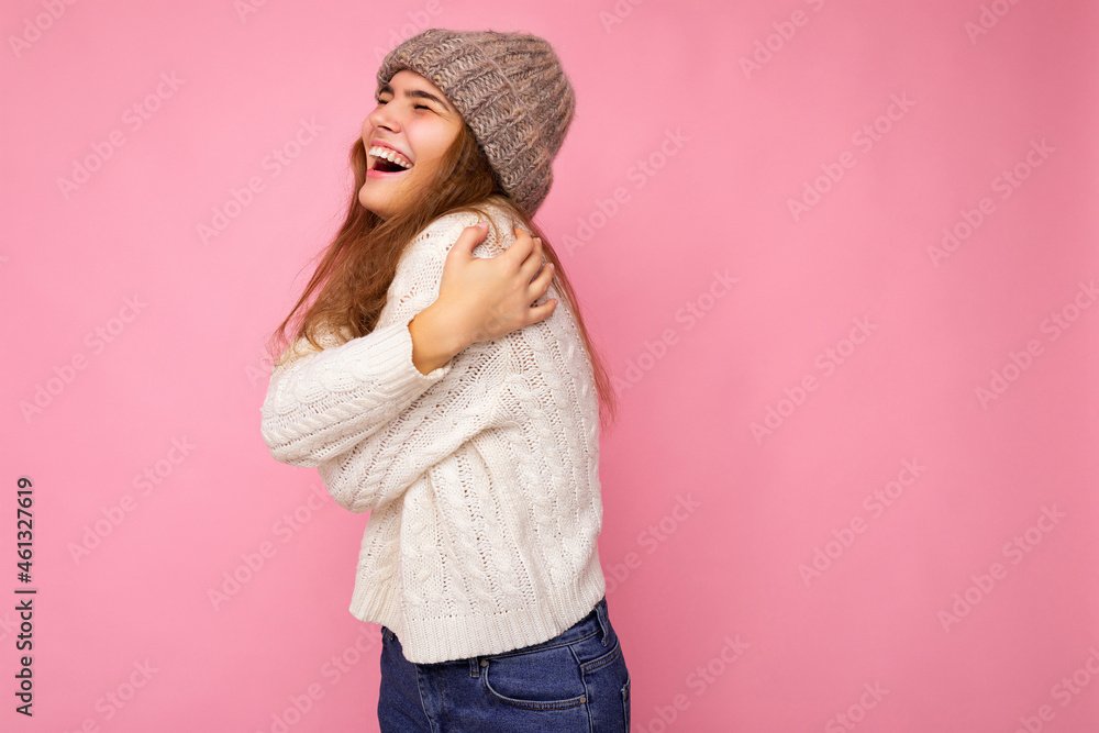 Beautiful positive happy young brunette woman isolated over colourful background wall wearing casual stylish clothes feeling sincere emotions looking to the side Beautiful positive happy young brunette woman isolated over colourful background wall wearing casual stylish clothes feeling sincere emotions looking to the side