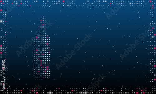 On the left is the beer bottle symbol filled with white dots. Pointillism style. Abstract futuristic frame of dots and circles. Some dots is pink. Vector illustration on blue background with stars