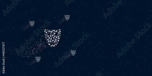 A theatrical mask filled with dots flies through the stars leaving a trail behind. Four small symbols around. Empty space for text on the right. Vector illustration on dark blue background with stars