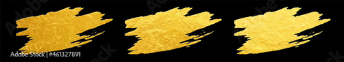 Gold brushstroke. Set of vector template for design. Stain of metallic paint on a black background. Sticker, flyer. Hand drawn golden texture. Gold paint. Luxury backdrop. Empty blank for text.	