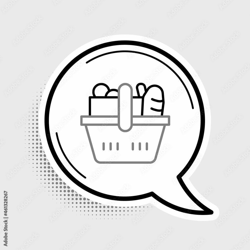 Line Shopping basket and food icon isolated on grey background. Food store, supermarket. Colorful outline concept. Vector Line Shopping basket and food icon isolated on grey background. Food store, supermarket. Colorful outline concept. Vector
