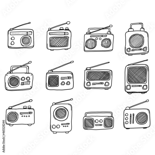 Radio Doodle vector icon set. Drawing sketch illustration hand drawn line eps10