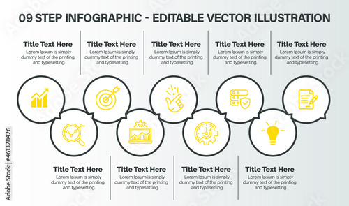 9 Steps Infographics Design Template - Graph, banner , Pie chart, workflow layout, circular diagram, brochure, report, presentation, web design. Editable Vector illustration