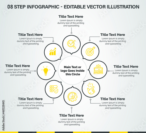 8 Steps Infographics Design Template - Graph, banner, Pie chart, workflow layout, cycling diagram, brochure, report, presentation, web design. Editable Vector illustration