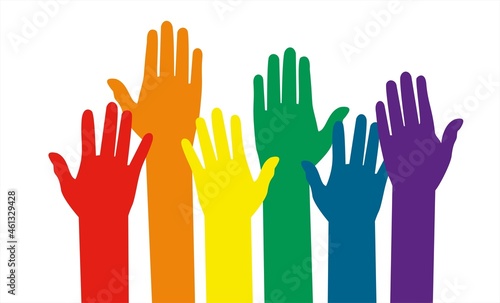 Hand in rainbow colors with palms up. LGBT and gay parade concept, protest march. Vector illustration, horizontal banner on white background