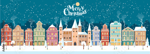 Snowy Christmas night in cozy town city panorama with castle. Winter village landscape, flat style, Merry Christmas lettering, vector illustration