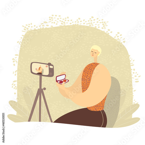 Man is making video review of cosmetics. Beauty blogger is filming video with camera. Influencer is expressing his opinion on lipstick. Cartoon vector illustration